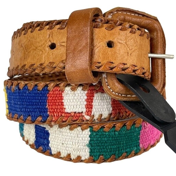 Rainbow Accessories - Tooled Leather & Elastic Woven Women's Belt Rainbow Color Fits Medium~Large
